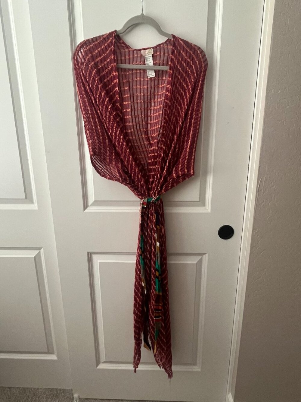 Free People Catalina Woven Kimono Burgundy Coral Sheer Tie Front Boho One Size